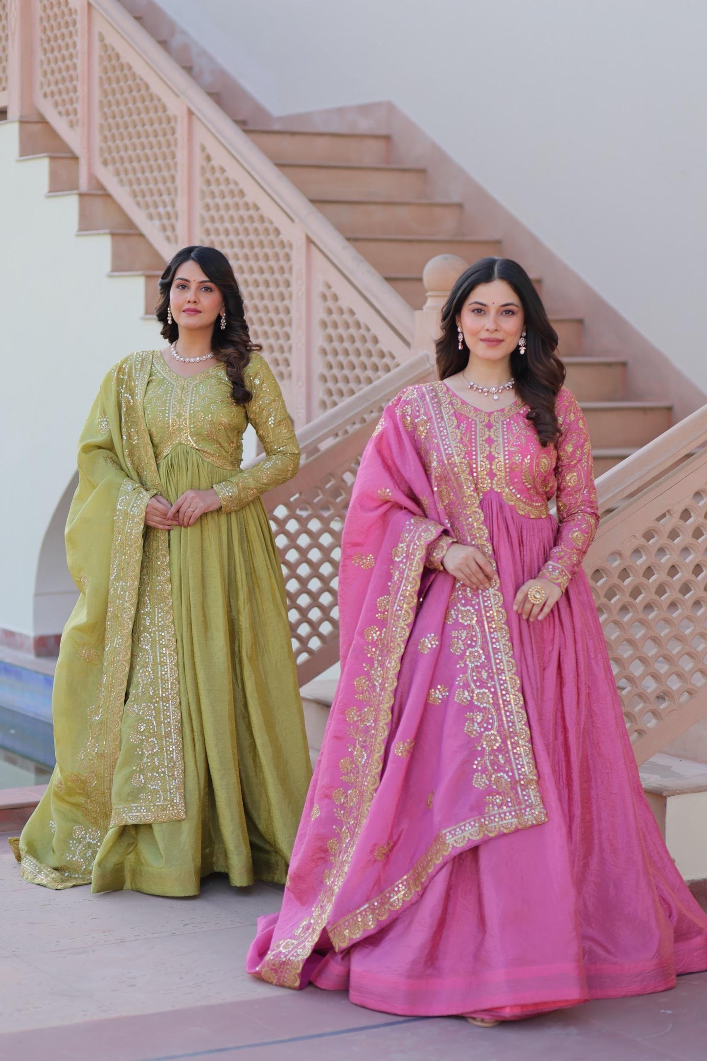 Parrot Green Gold-Crush Fabric with Sequins Work Gown With Dupatta