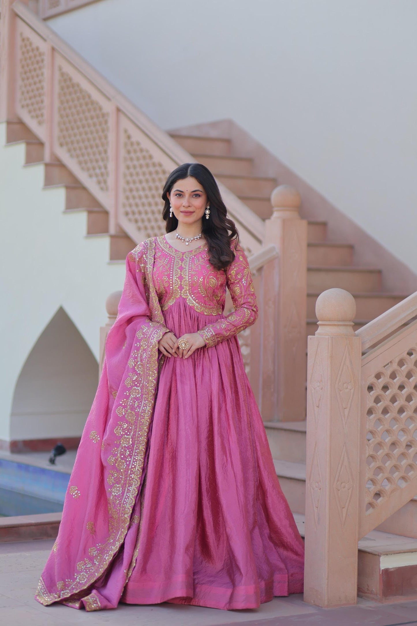 Parrot Green Gold-Crush Fabric with Sequins Work Gown With Dupatta