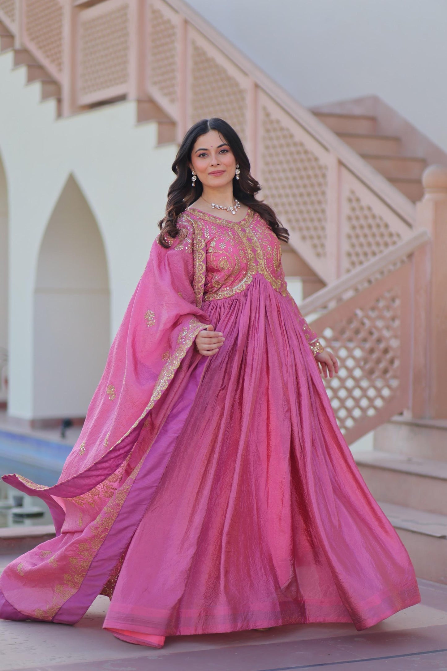 Parrot Green Gold-Crush Fabric with Sequins Work Gown With Dupatta