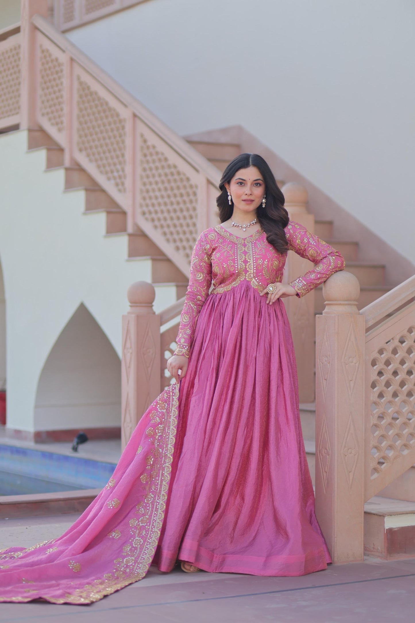 Parrot Green Gold-Crush Fabric with Sequins Work Gown With Dupatta