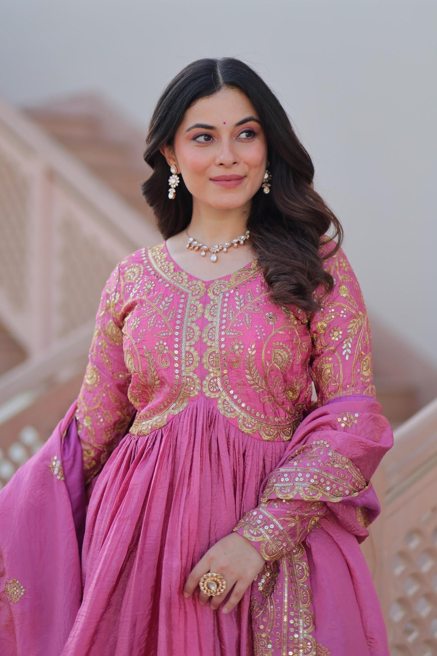 Parrot Green Gold-Crush Fabric with Sequins Work Gown With Dupatta