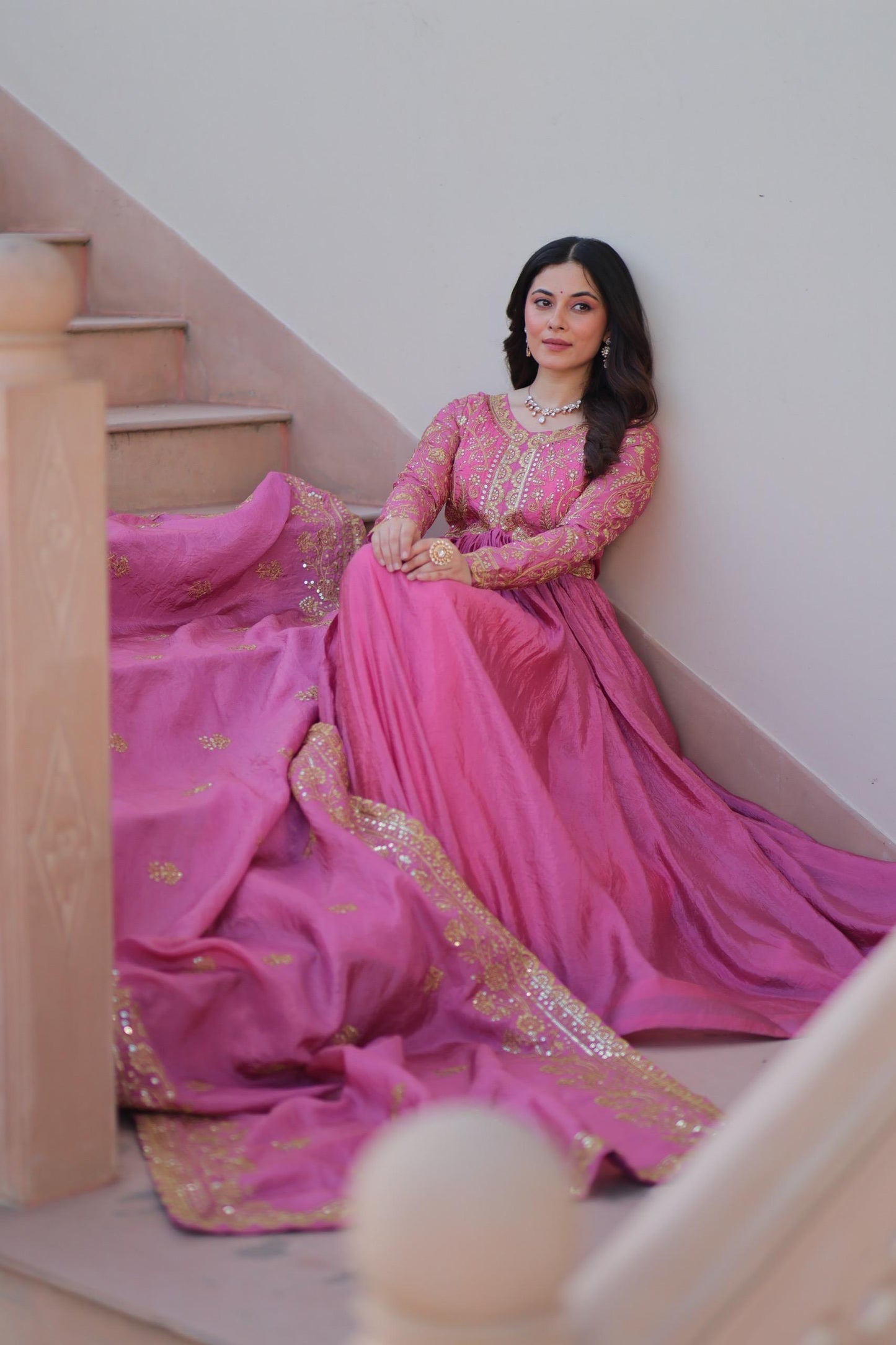 Parrot Green Gold-Crush Fabric with Sequins Work Gown With Dupatta