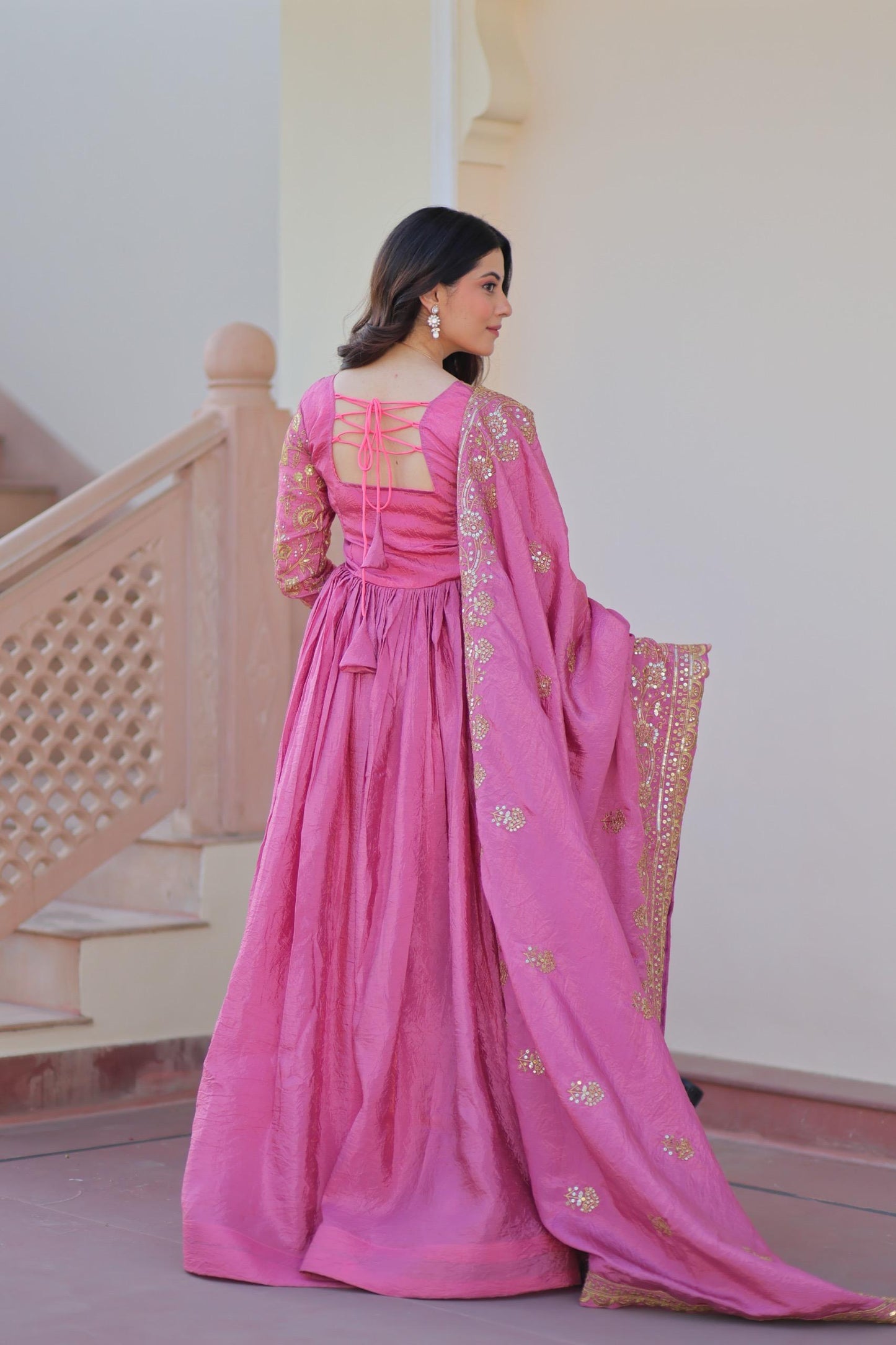 Parrot Green Gold-Crush Fabric with Sequins Work Gown With Dupatta