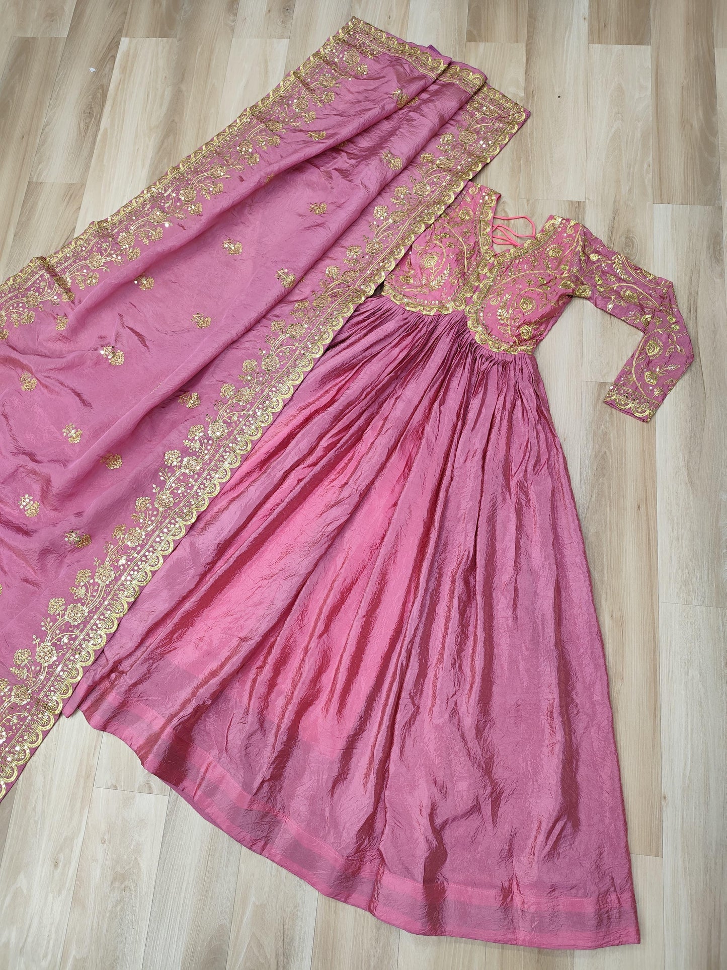 Parrot Green Gold-Crush Fabric with Sequins Work Gown With Dupatta
