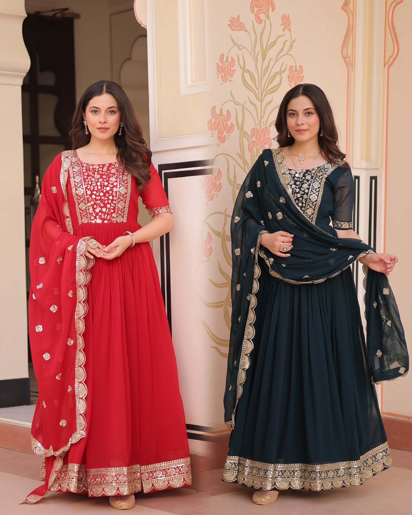 Rama Embroidery Zari Sequins Work Gown With Dupatta