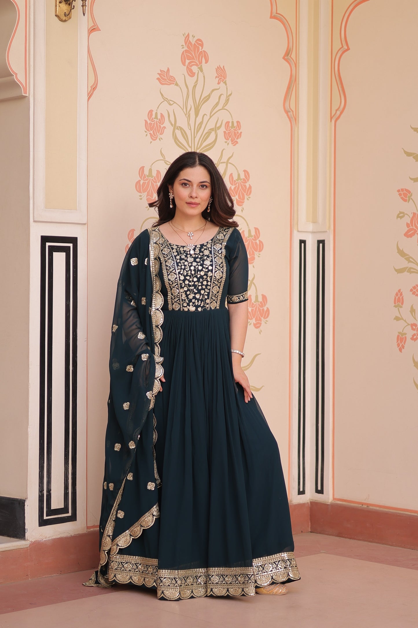 Rama Embroidery Zari Sequins Work Gown With Dupatta