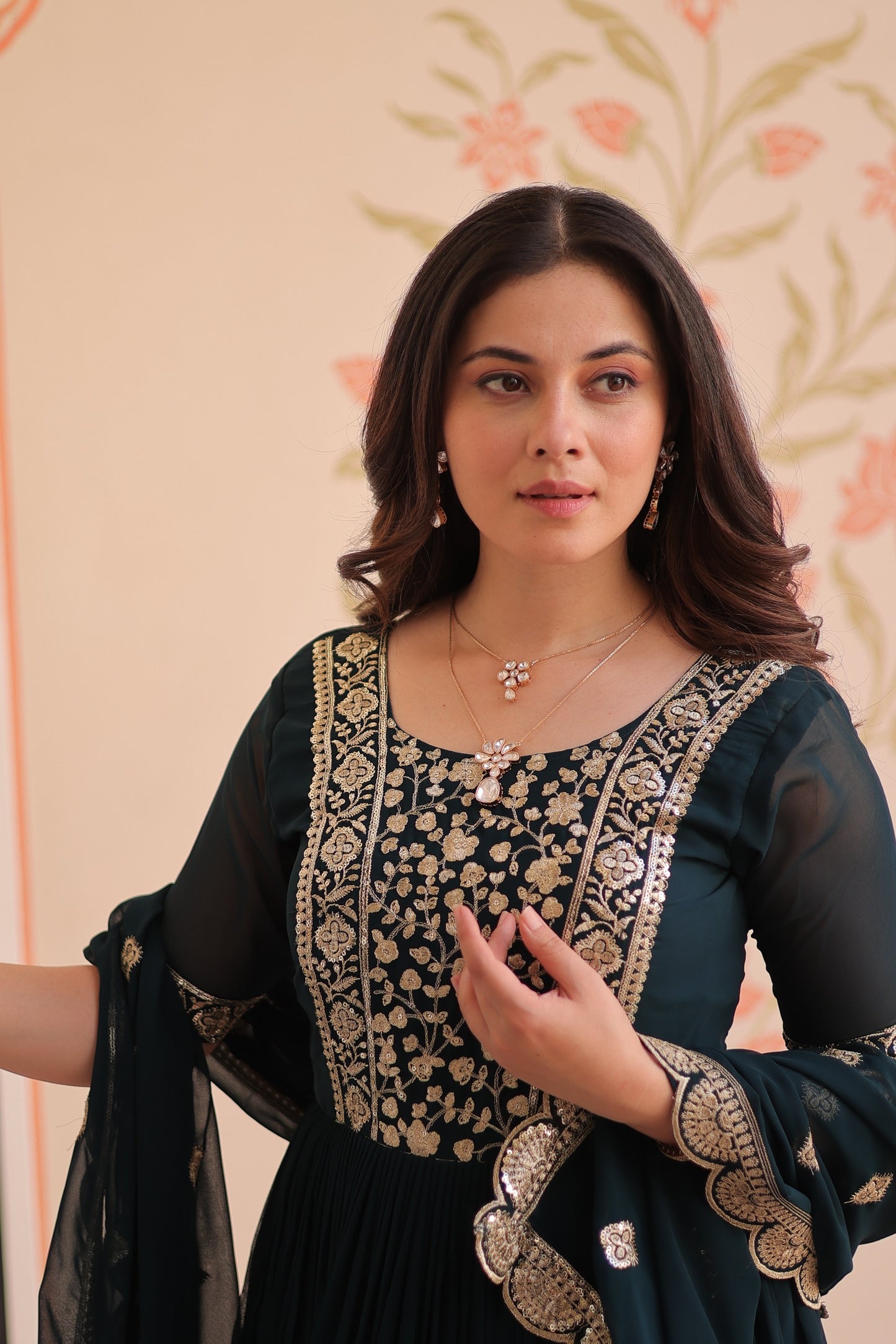 Rama Embroidery Zari Sequins Work Gown With Dupatta