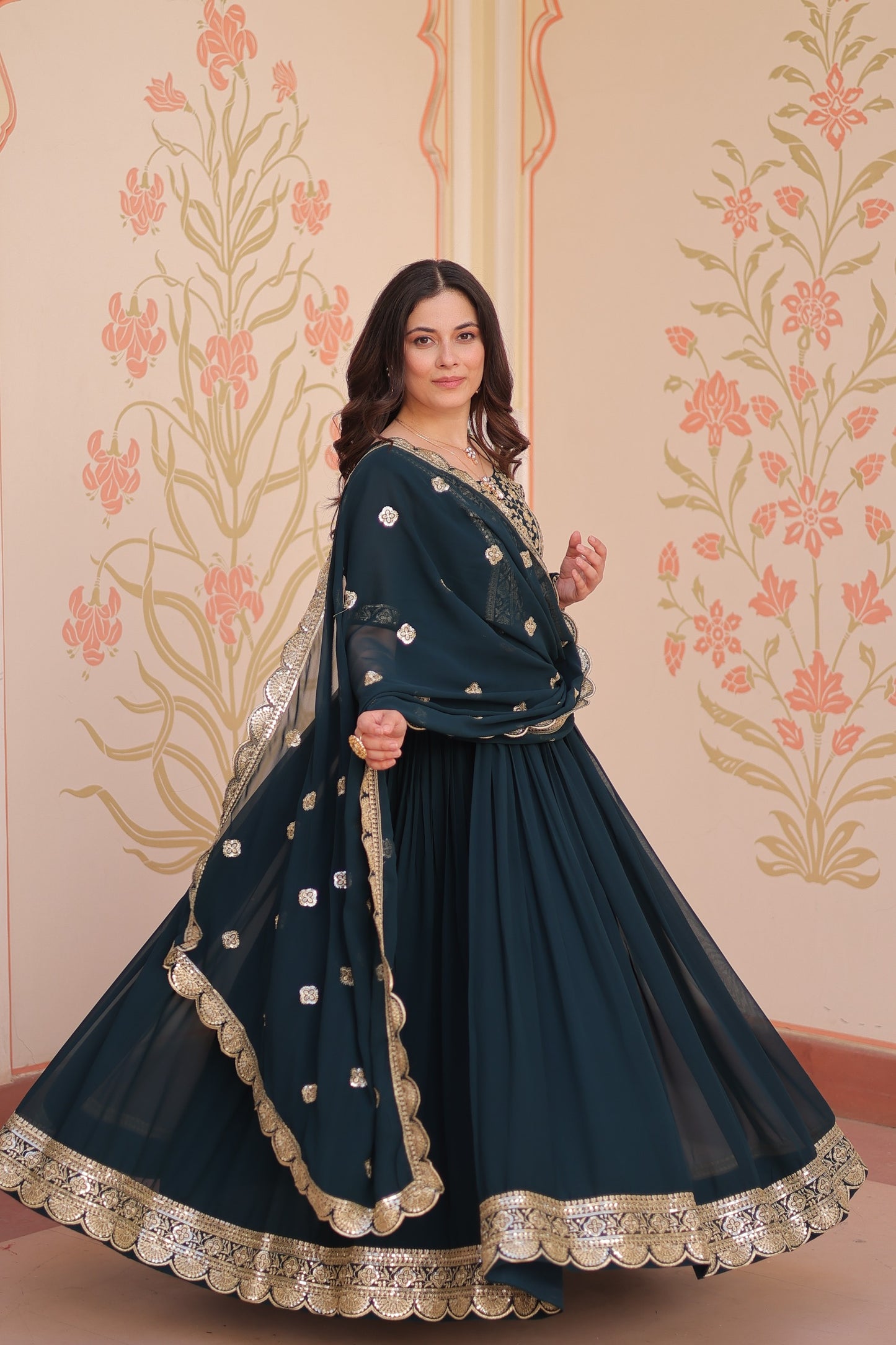 Rama Embroidery Zari Sequins Work Gown With Dupatta