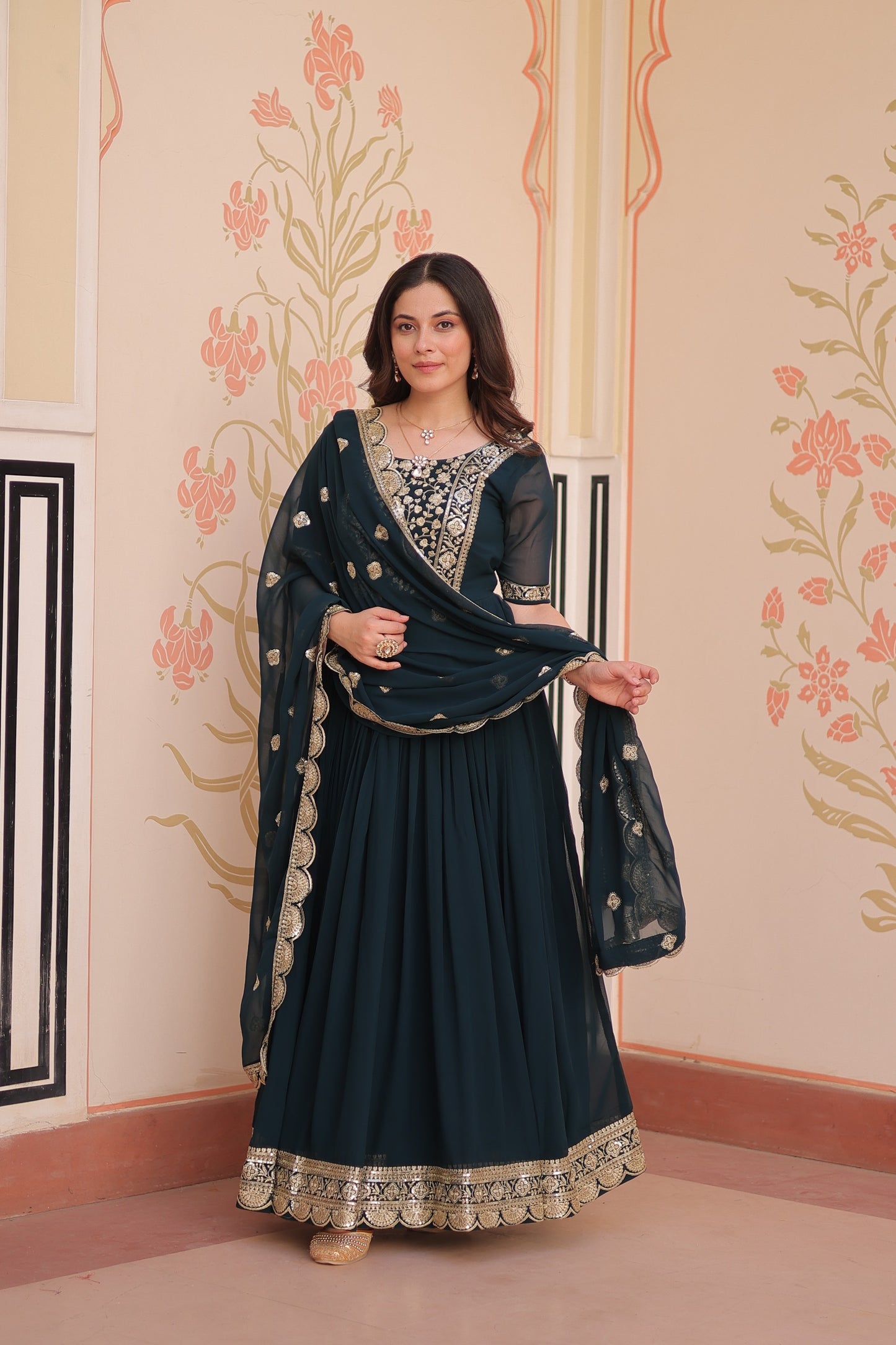 Rama Embroidery Zari Sequins Work Gown With Dupatta