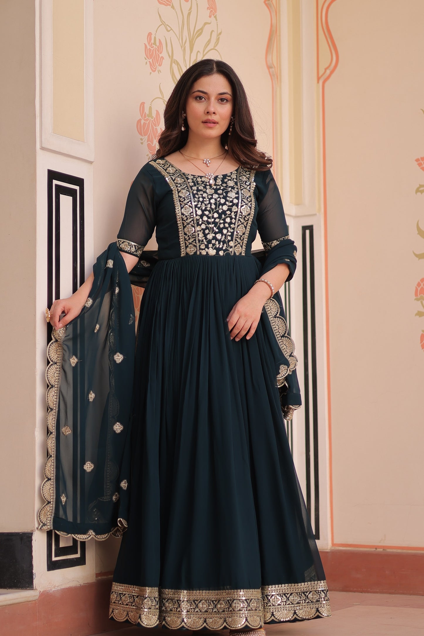 Rama Embroidery Zari Sequins Work Gown With Dupatta