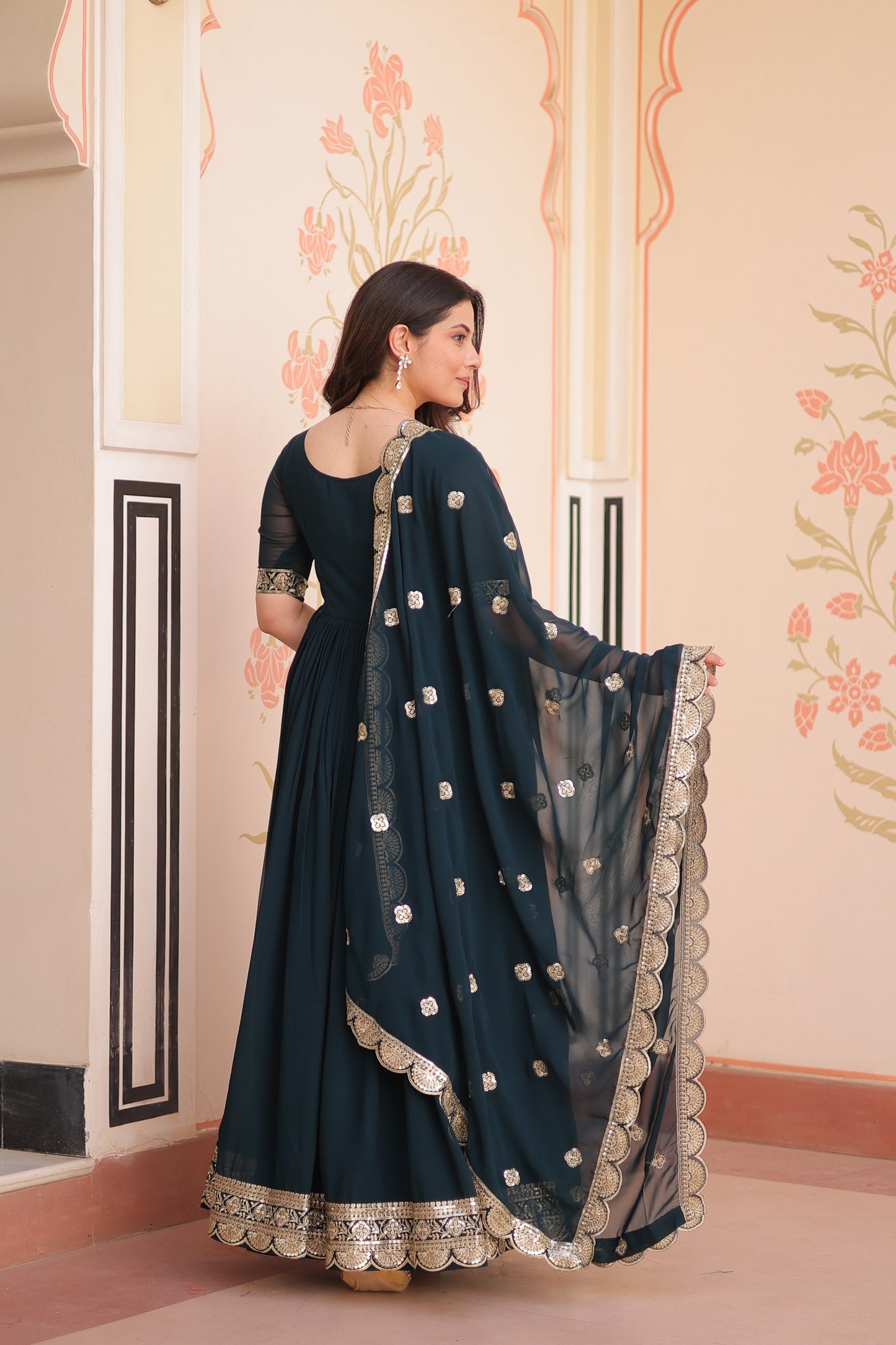 Rama Embroidery Zari Sequins Work Gown With Dupatta