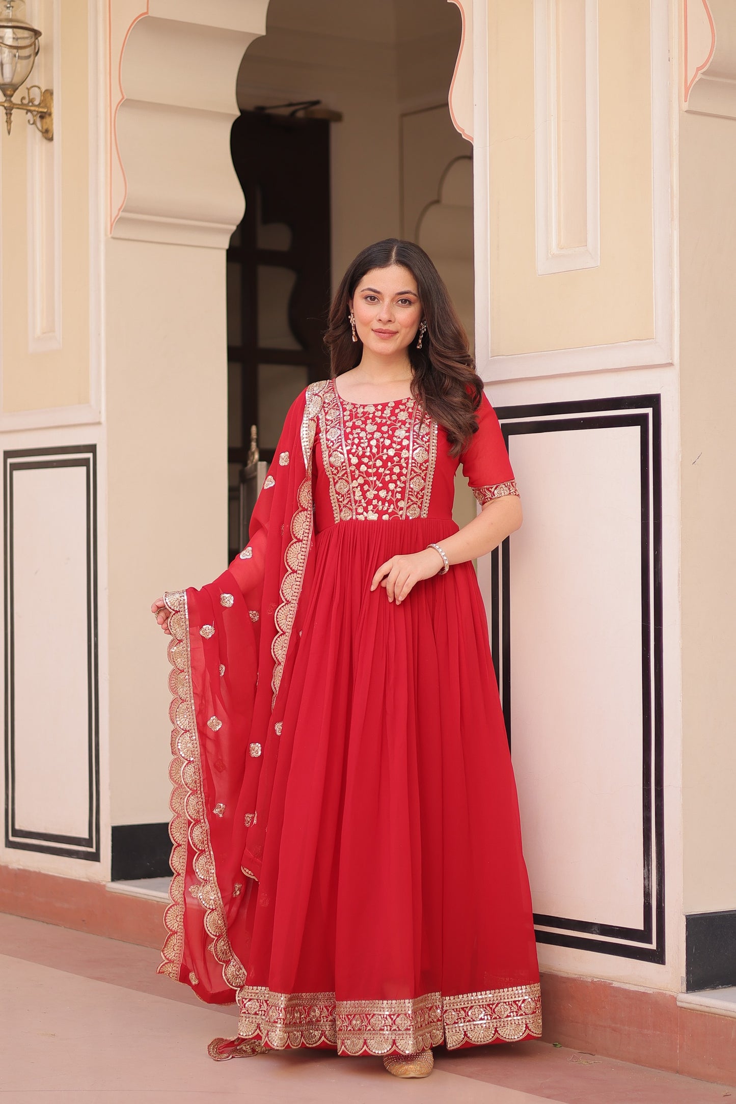 Rama Embroidery Zari Sequins Work Gown With Dupatta
