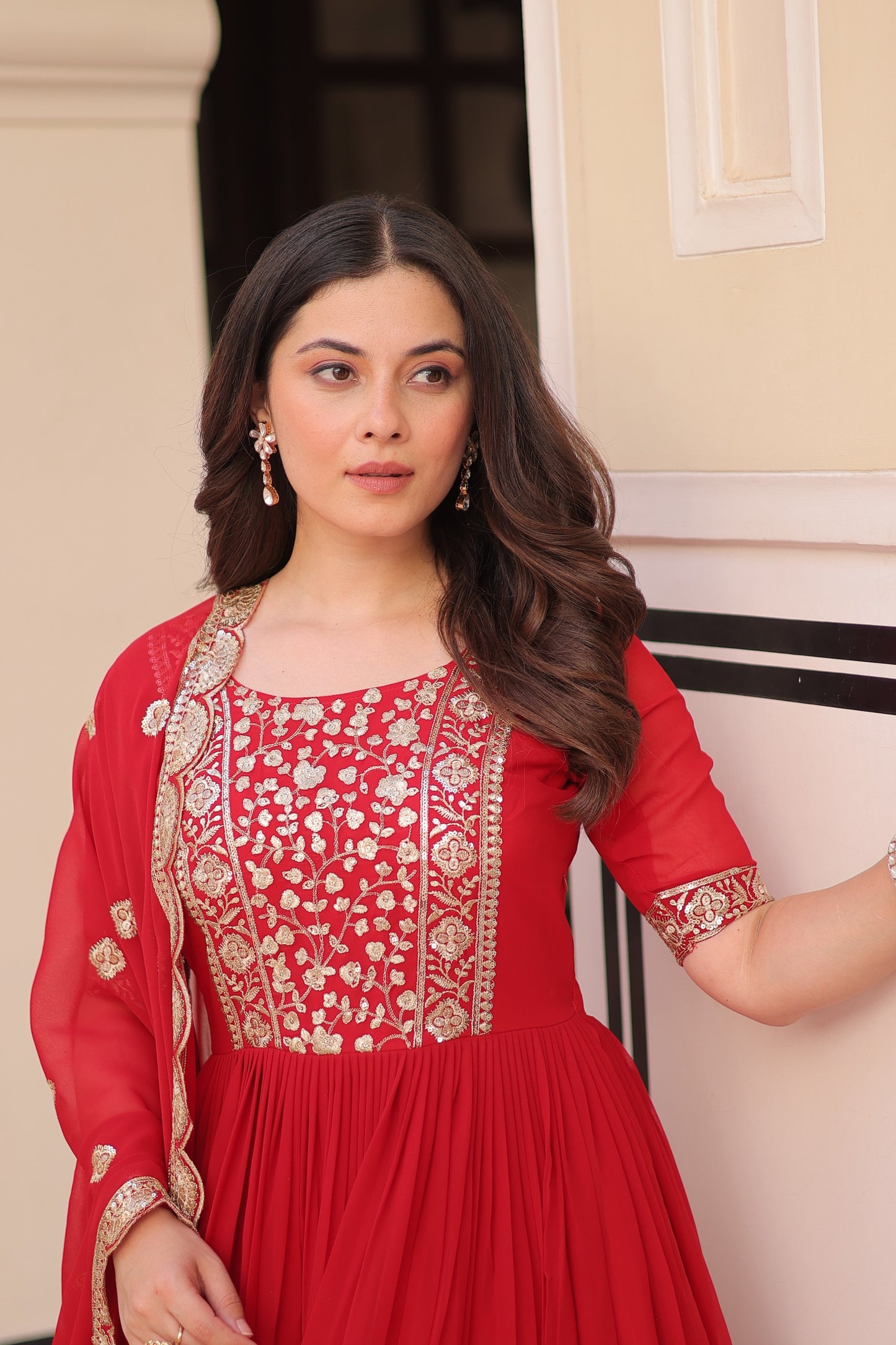Rama Embroidery Zari Sequins Work Gown With Dupatta