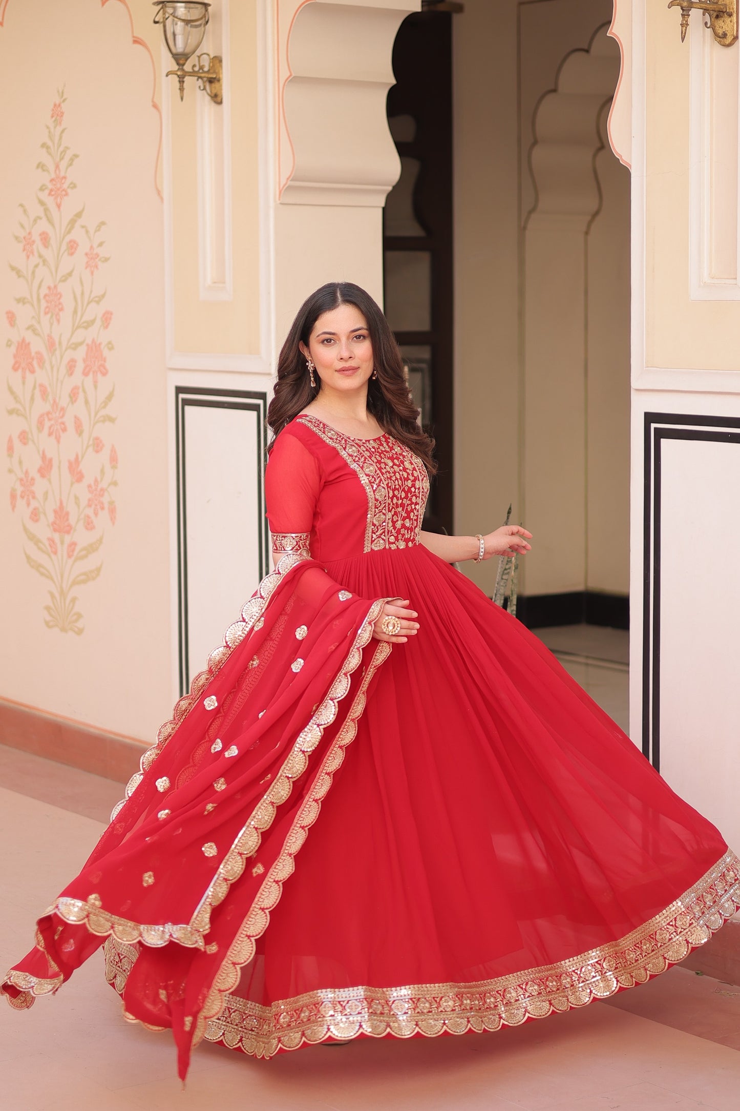 Rama Embroidery Zari Sequins Work Gown With Dupatta