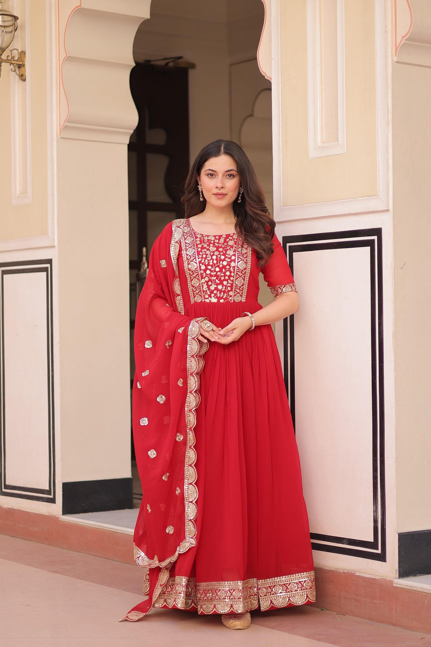 Rama Embroidery Zari Sequins Work Gown With Dupatta