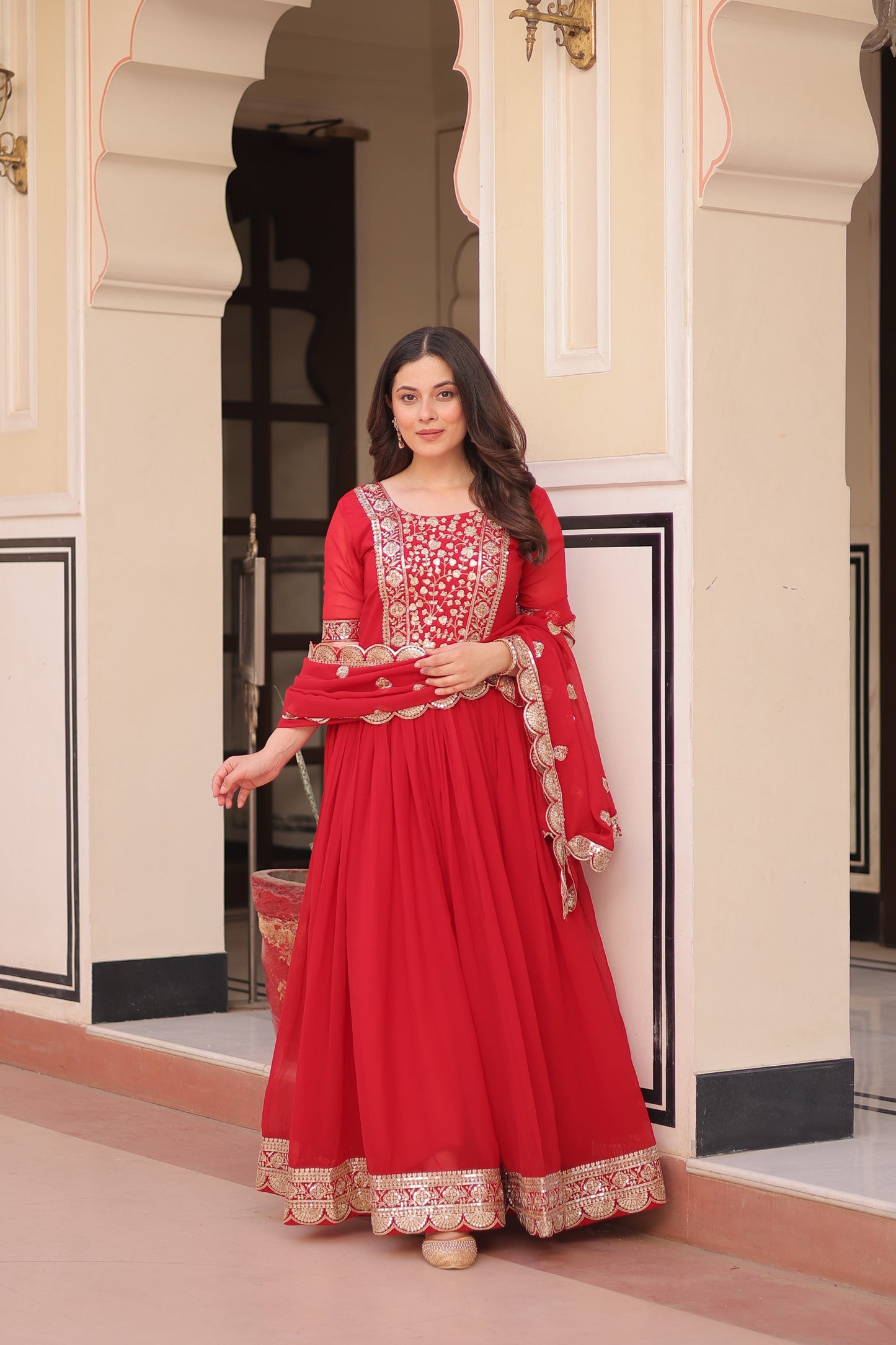 Rama Embroidery Zari Sequins Work Gown With Dupatta