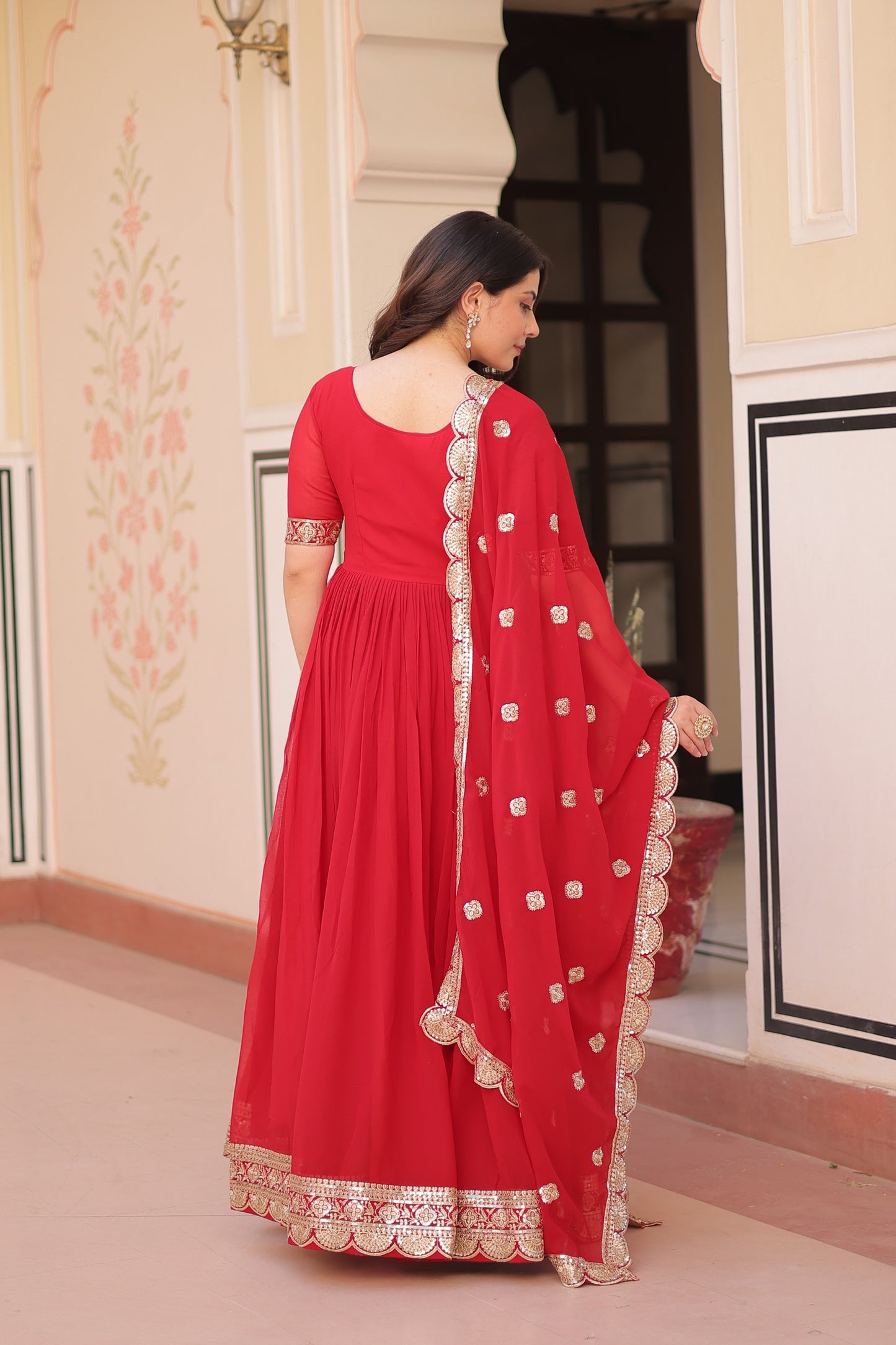 Rama Embroidery Zari Sequins Work Gown With Dupatta