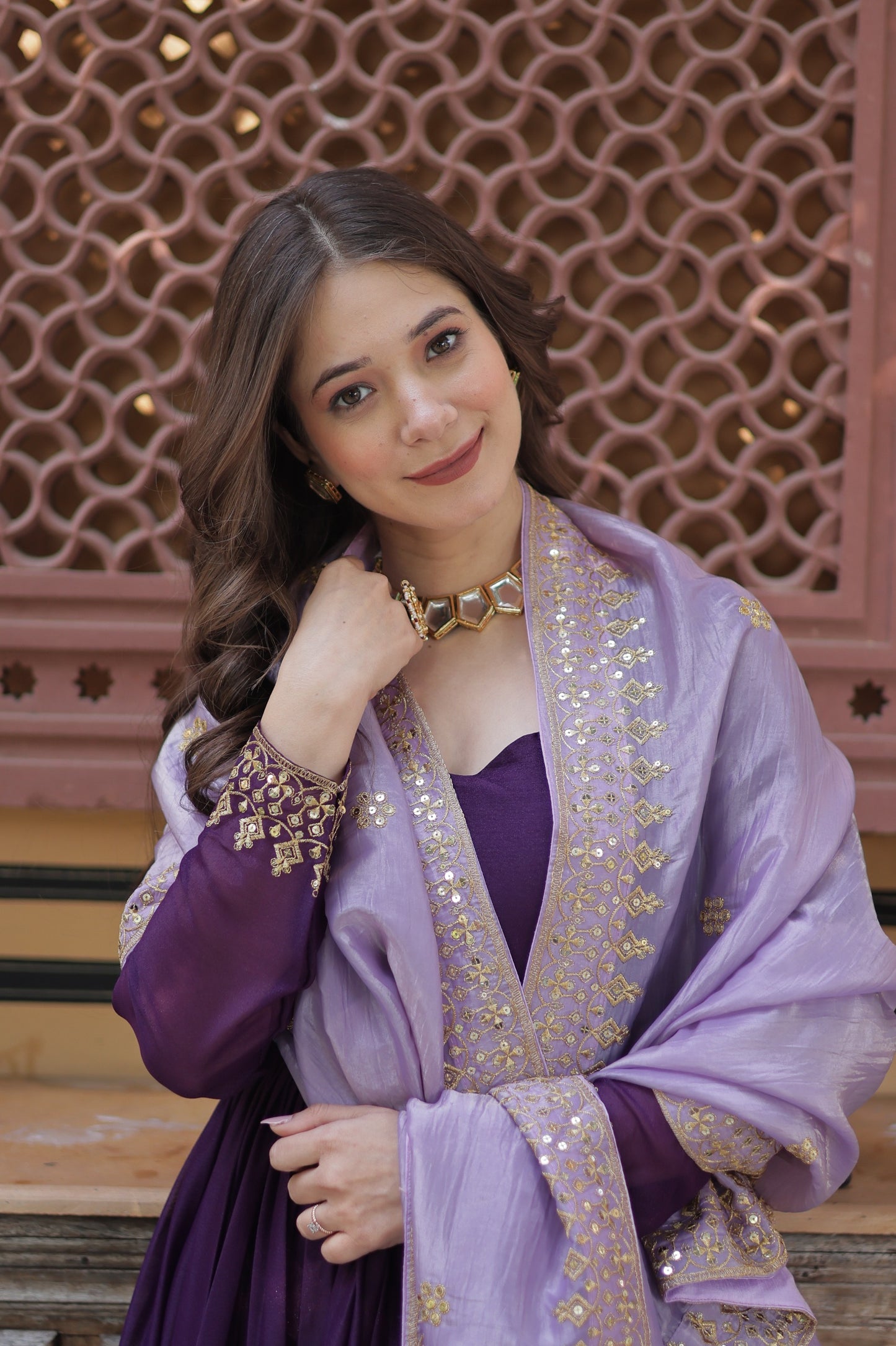 Wine Star Georgette with Embroidery Zari Sequins Work Gown With Dupatta