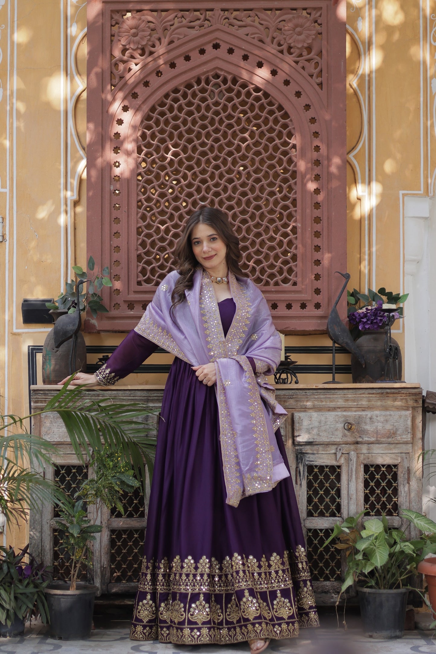 Wine Star Georgette with Embroidery Zari Sequins Work Gown With Dupatta
