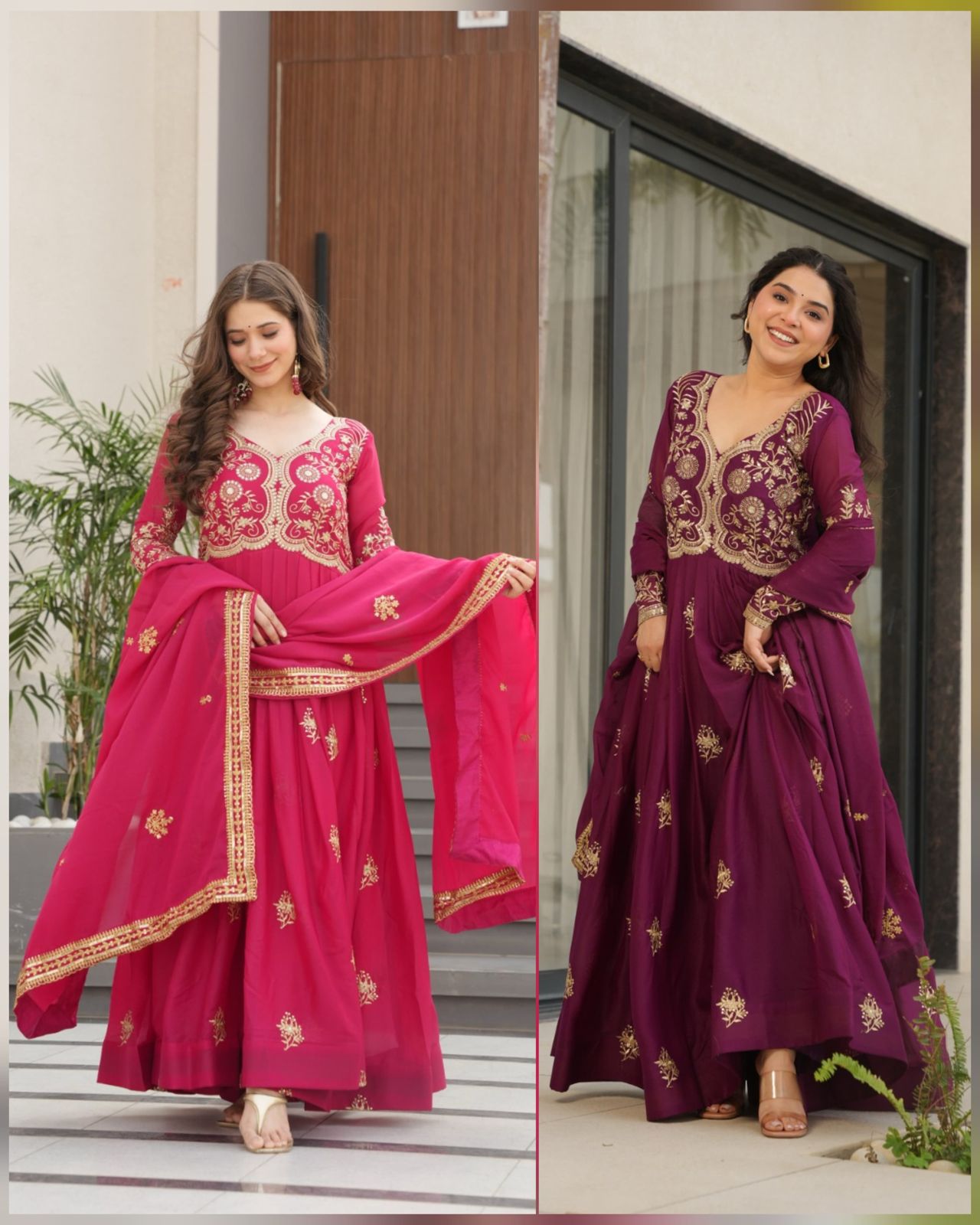 Wine Star Georgette Embroidery Work Gown With Dupatta
