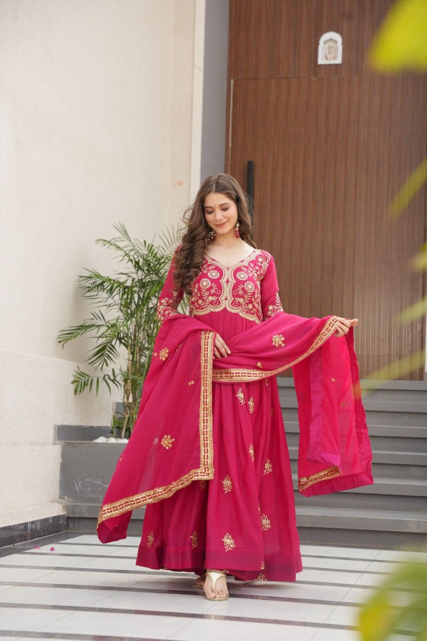 Wine Star Georgette Embroidery Work Gown With Dupatta