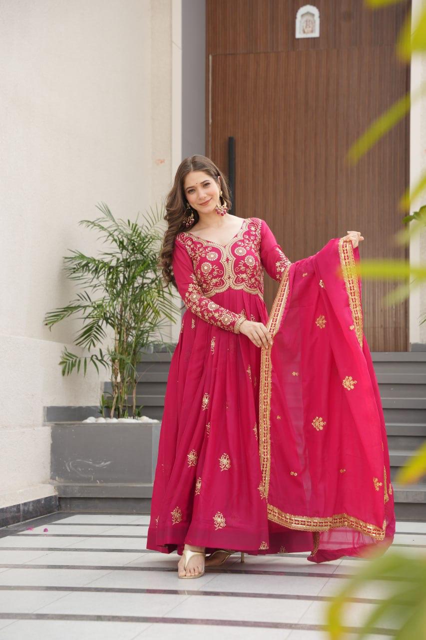 Wine Star Georgette Embroidery Work Gown With Dupatta