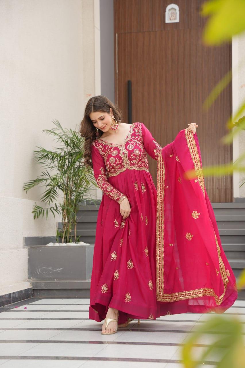 Wine Star Georgette Embroidery Work Gown With Dupatta