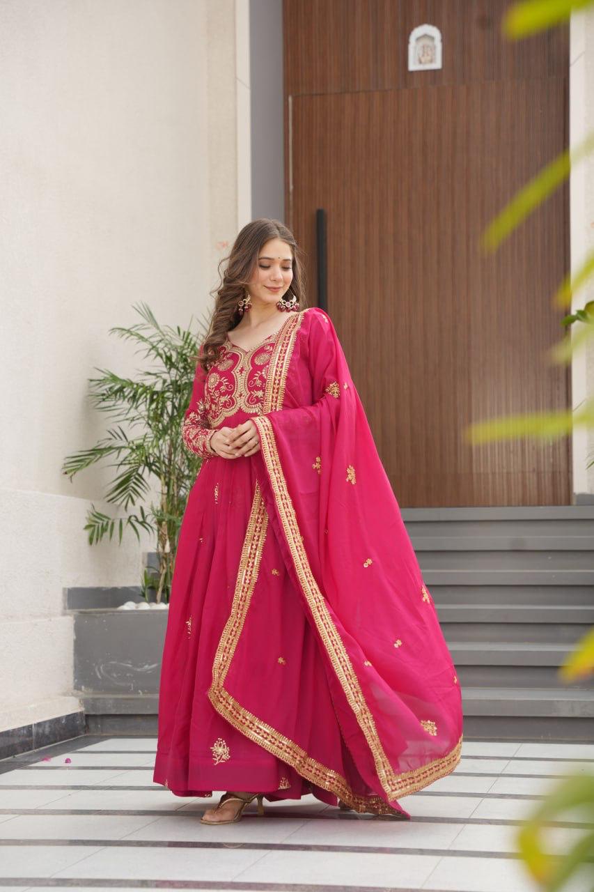 Wine Star Georgette Embroidery Work Gown With Dupatta