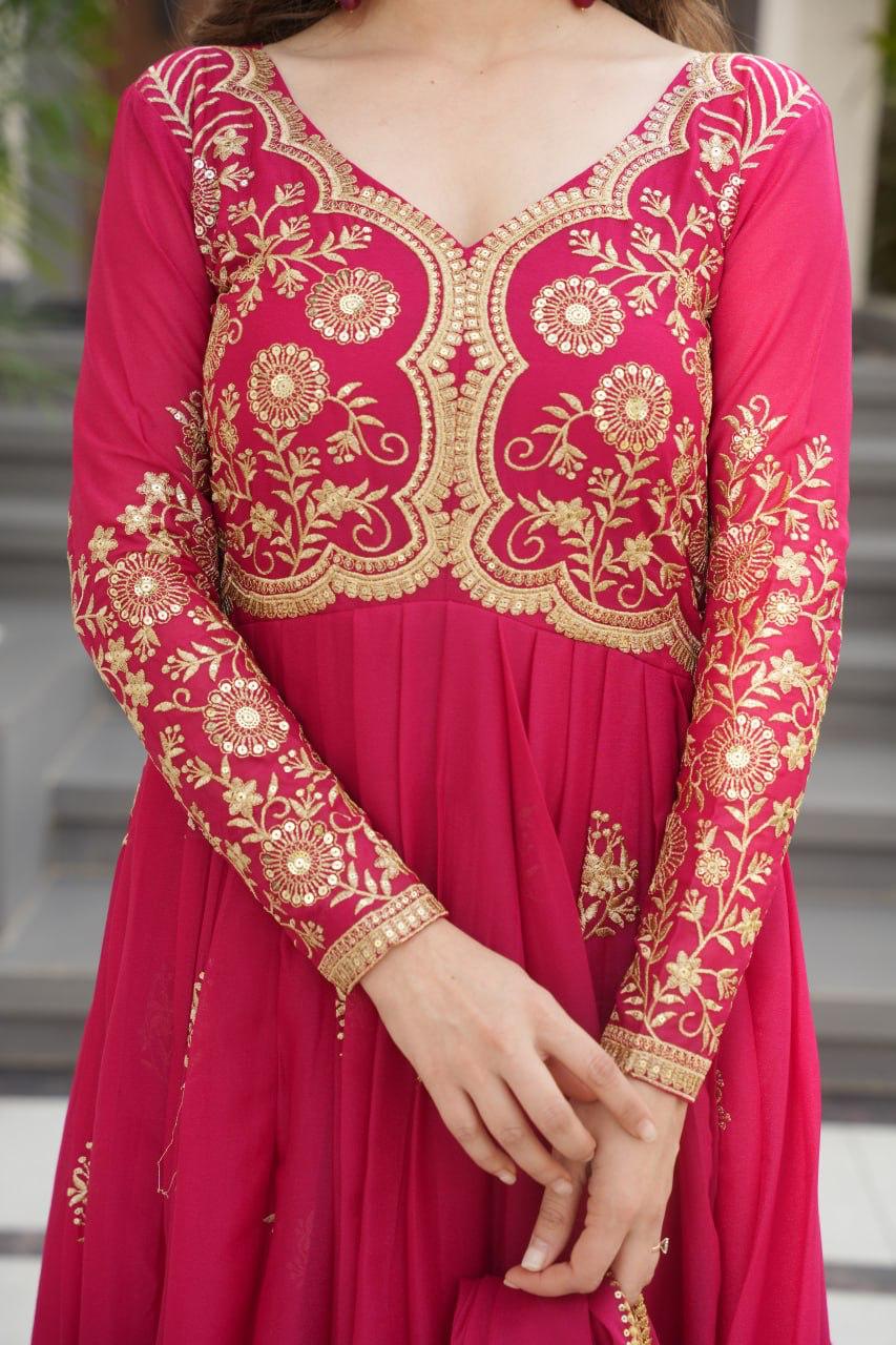 Wine Star Georgette Embroidery Work Gown With Dupatta