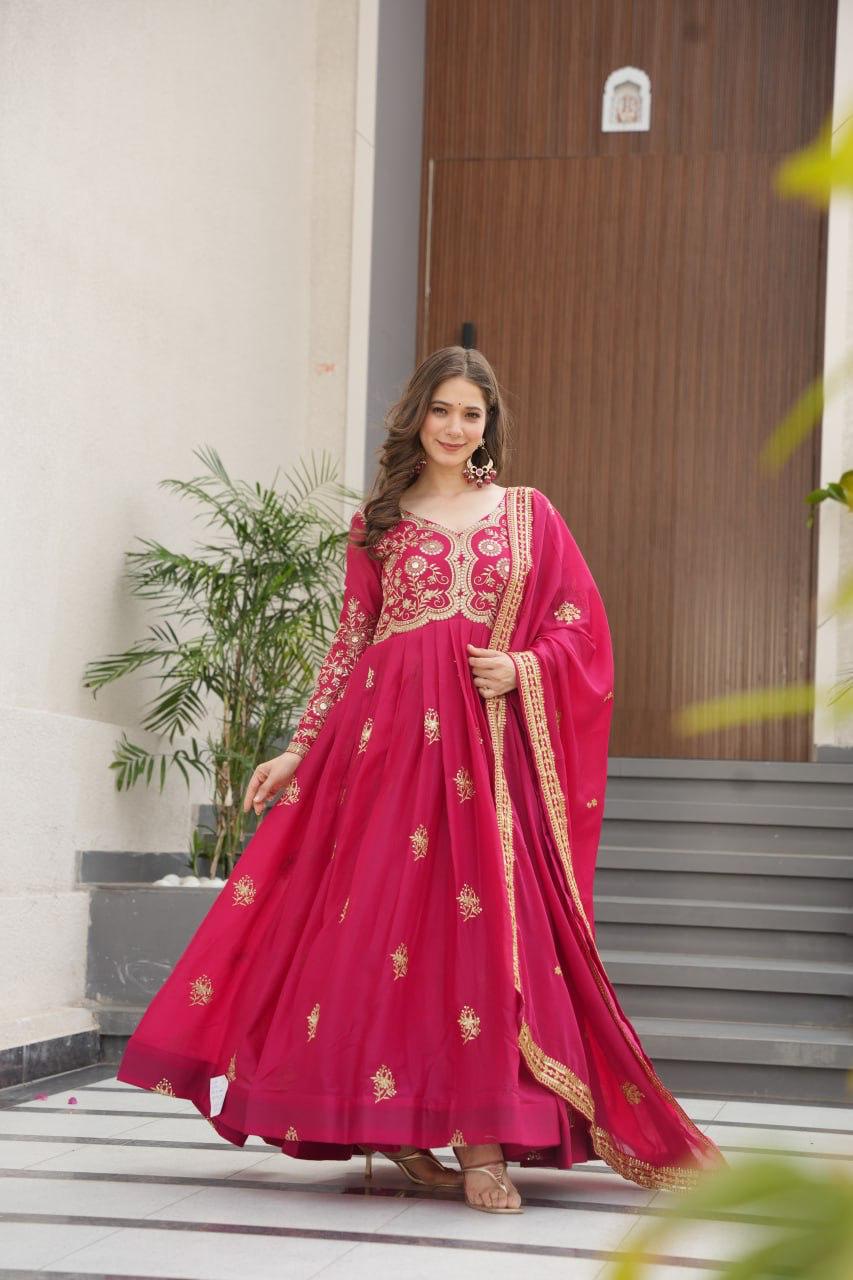 Wine Star Georgette Embroidery Work Gown With Dupatta