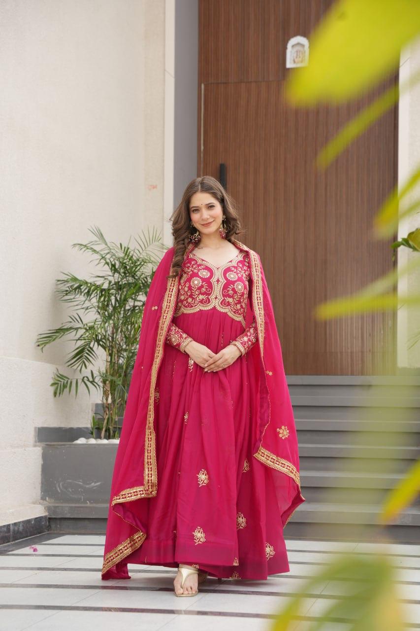Wine Star Georgette Embroidery Work Gown With Dupatta