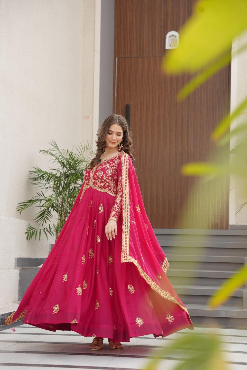 Wine Star Georgette Embroidery Work Gown With Dupatta