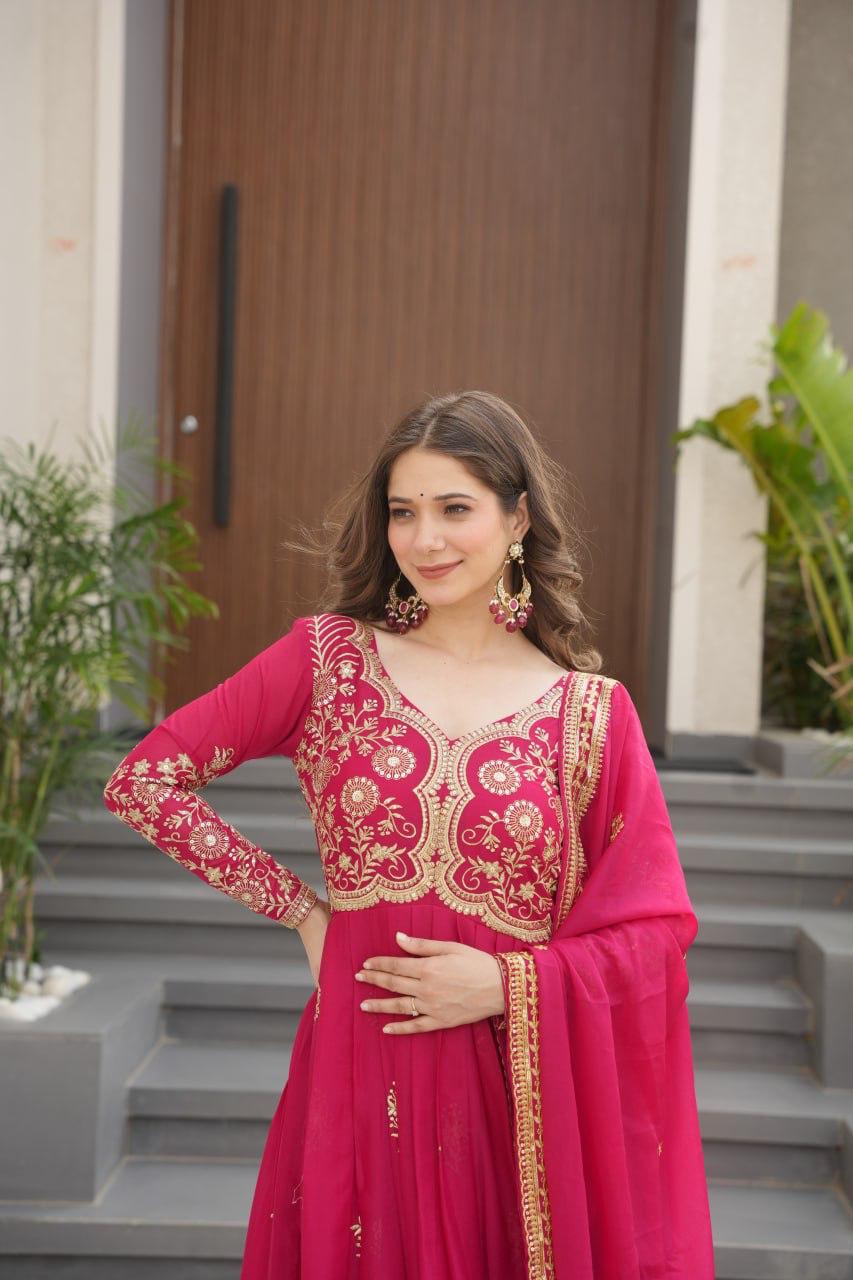 Wine Star Georgette Embroidery Work Gown With Dupatta