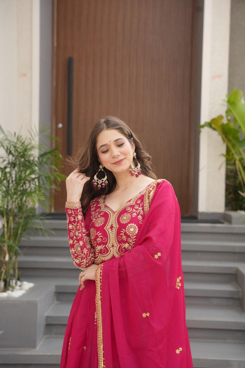 Wine Star Georgette Embroidery Work Gown With Dupatta