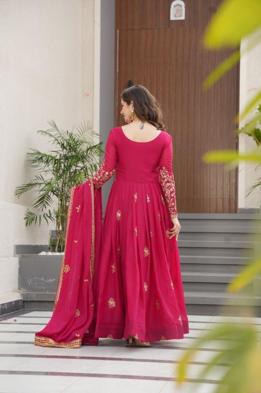 Wine Star Georgette Embroidery Work Gown With Dupatta
