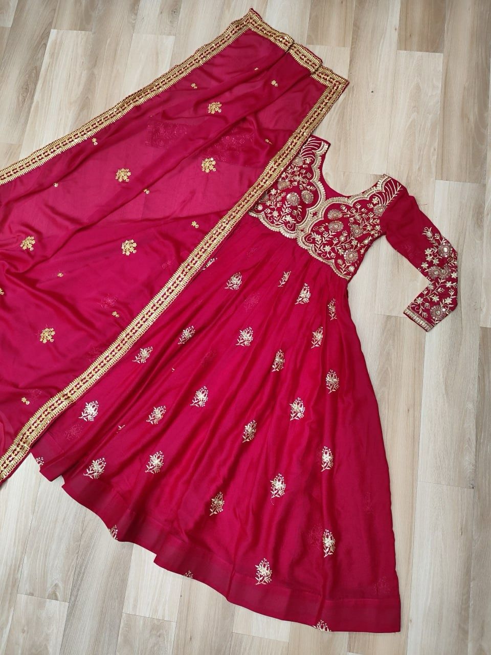 Wine Star Georgette Embroidery Work Gown With Dupatta