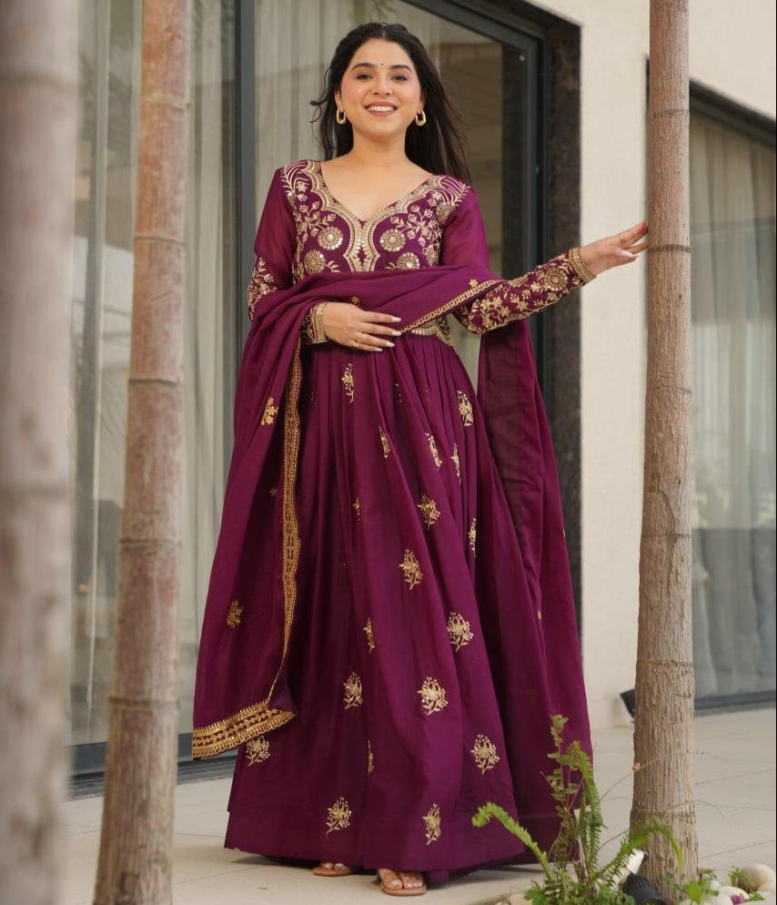 Wine Star Georgette Embroidery Work Gown With Dupatta