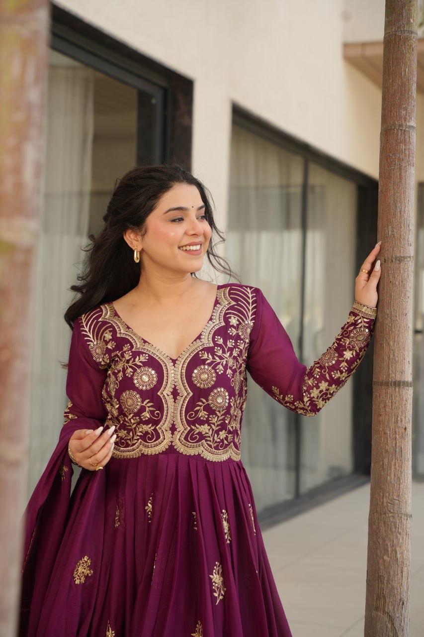 Wine Star Georgette Embroidery Work Gown With Dupatta