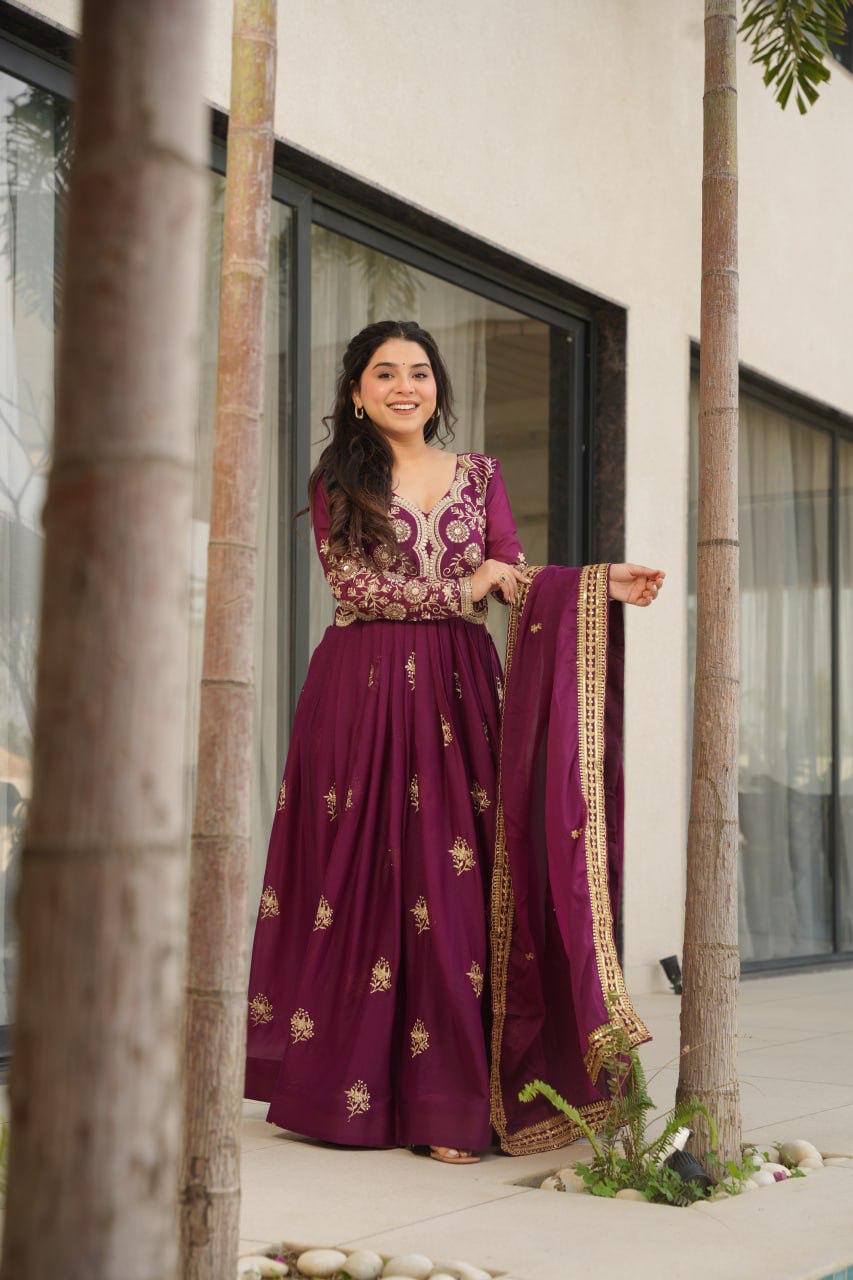 Wine Star Georgette Embroidery Work Gown With Dupatta