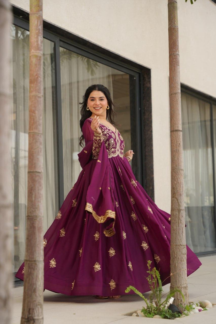 Wine Star Georgette Embroidery Work Gown With Dupatta