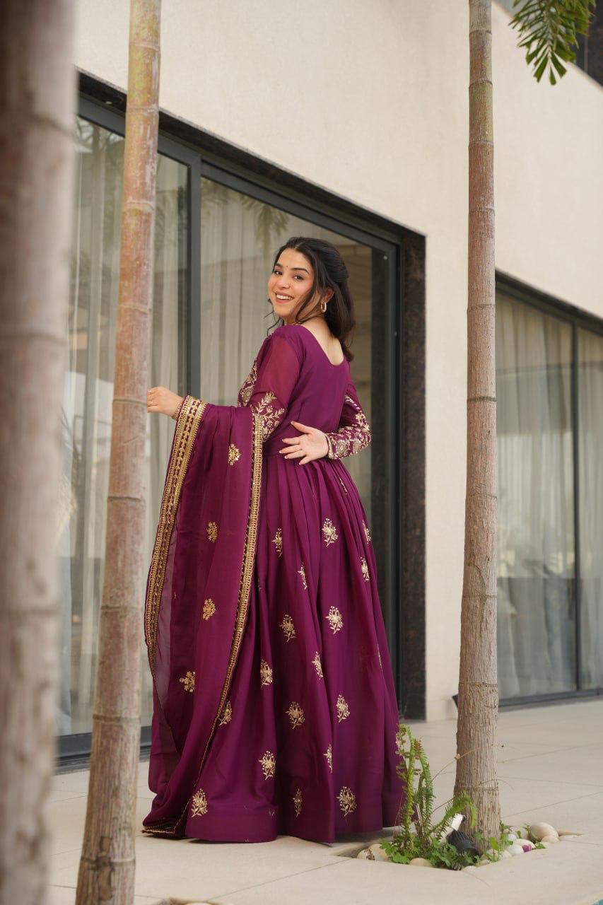 Wine Star Georgette Embroidery Work Gown With Dupatta