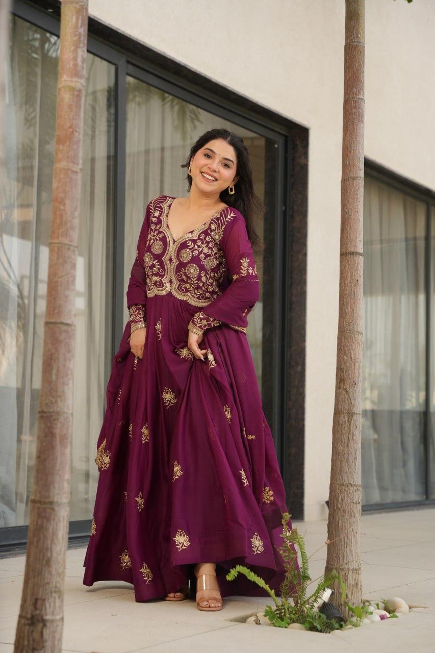Wine Star Georgette Embroidery Work Gown With Dupatta