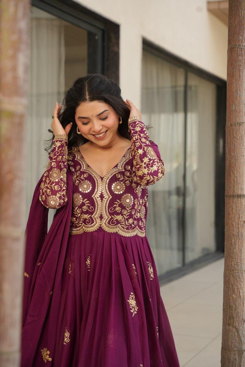 Wine Star Georgette Embroidery Work Gown With Dupatta