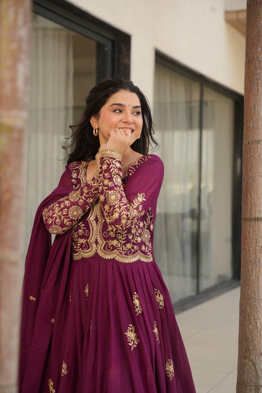 Wine Star Georgette Embroidery Work Gown With Dupatta