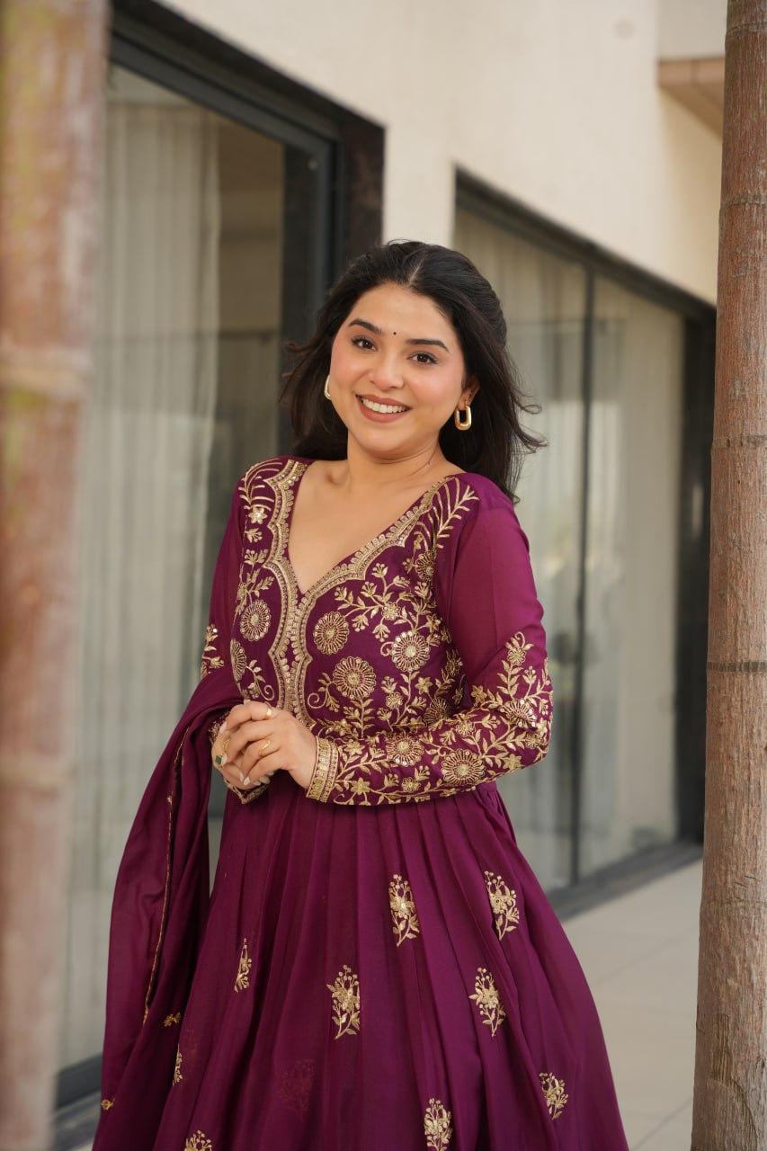 Wine Star Georgette Embroidery Work Gown With Dupatta