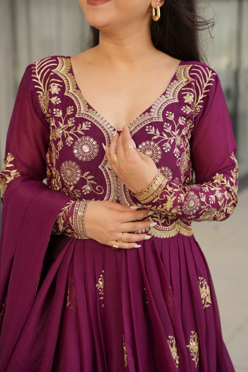 Wine Star Georgette Embroidery Work Gown With Dupatta