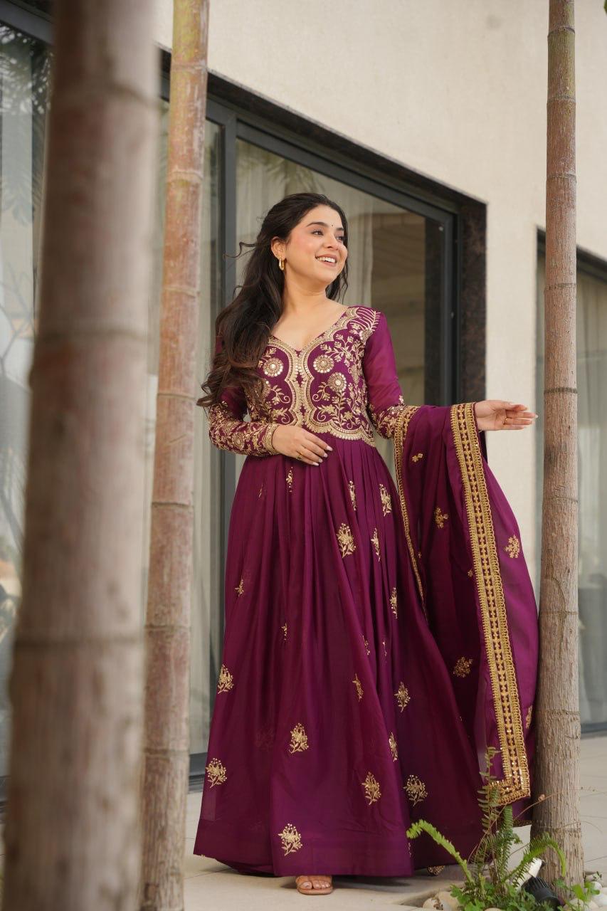 Wine Star Georgette Embroidery Work Gown With Dupatta
