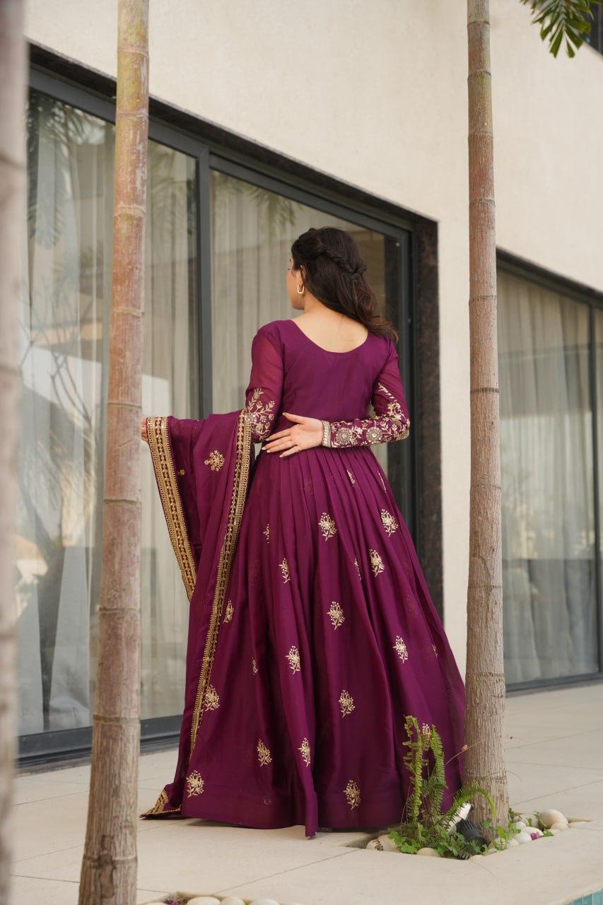 Wine Star Georgette Embroidery Work Gown With Dupatta