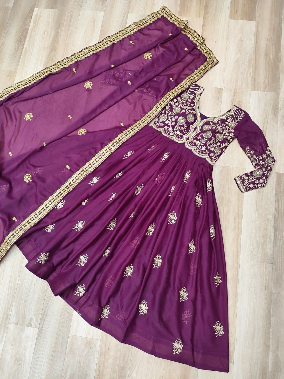 Wine Star Georgette Embroidery Work Gown With Dupatta
