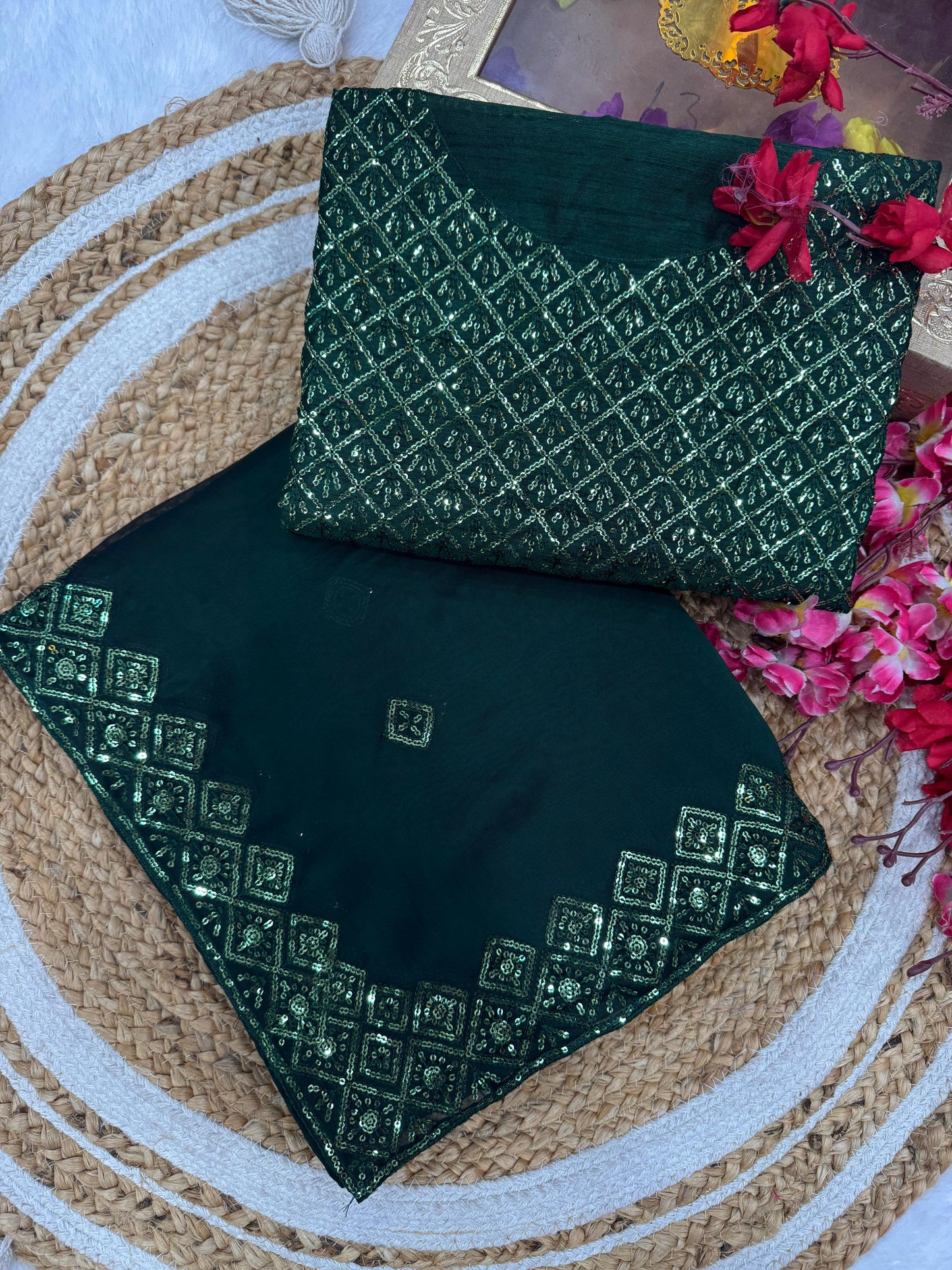 Bottle Green Soft Rangoli Silk Embroidery Work Saree